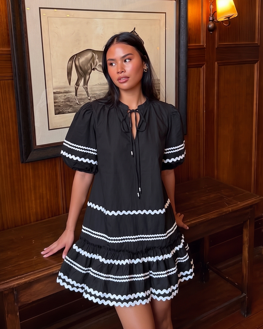 Midnight Ribbons Puff-Sleeve Dress (XL)