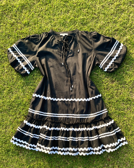 Midnight Ribbons Puff-Sleeve Dress (XL)